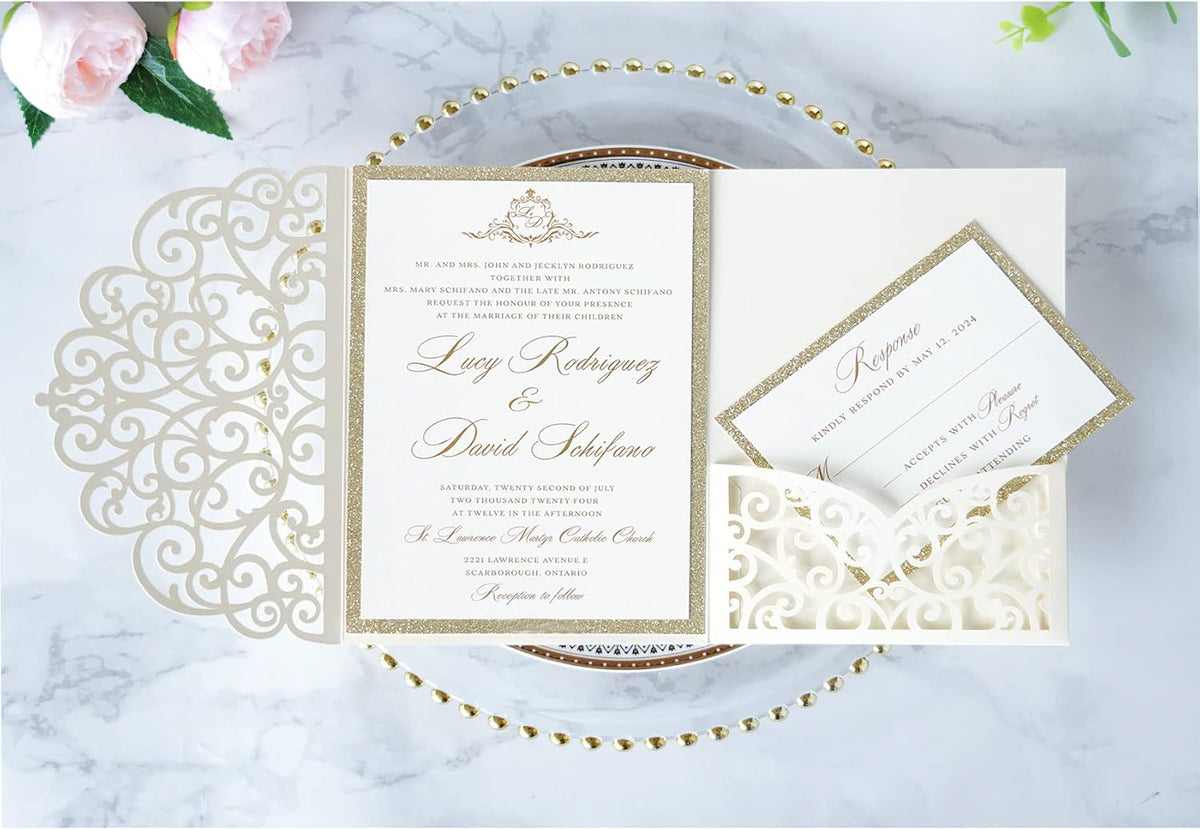 PONATIA 20 Pcs Ivory Tri-Fold  Laser Cut Wedding Invitation Pockets with Envelopes for Wedding