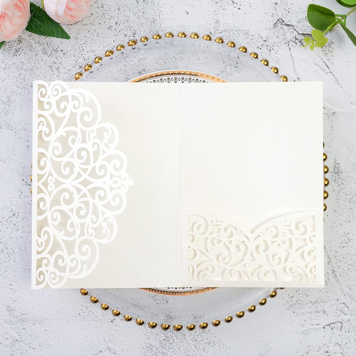 PONATIA 20 Pcs Ivory Tri-Fold  Laser Cut Wedding Invitation Pockets with Envelopes for Wedding