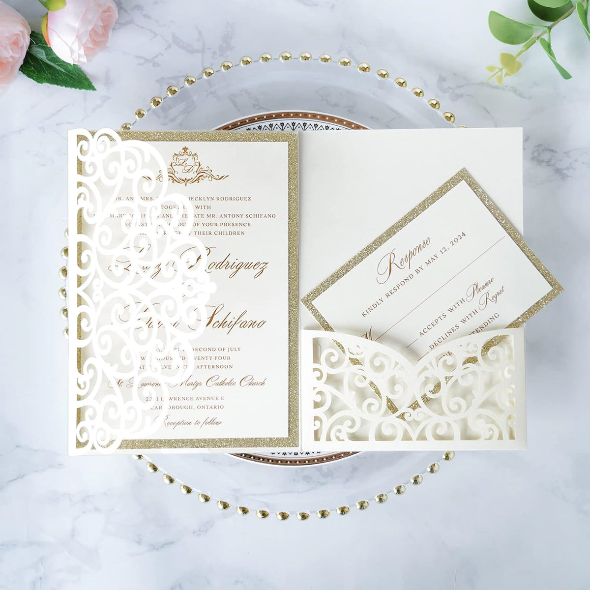 PONATIA 20 Pcs Ivory Tri-Fold  Laser Cut Wedding Invitation Pockets with Envelopes for Wedding