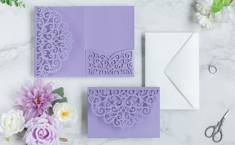 PONATIA 20 Pcs Lilac Tri-Fold  Laser Cut Wedding Invitation Pockets with Envelopes for Wedding