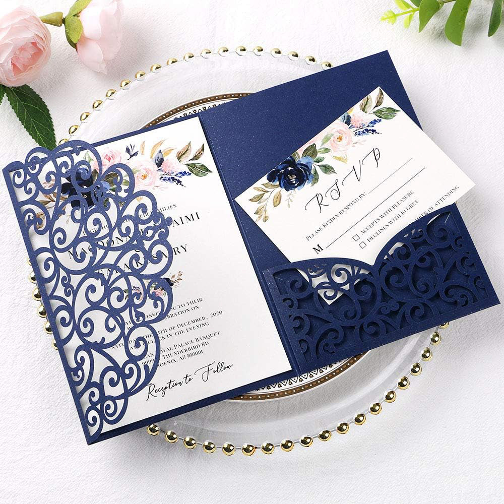 PONATIA 20 Pcs Navy Blue Tri-Fold  Laser Cut Wedding Invitation Pockets with Envelopes for Wedding