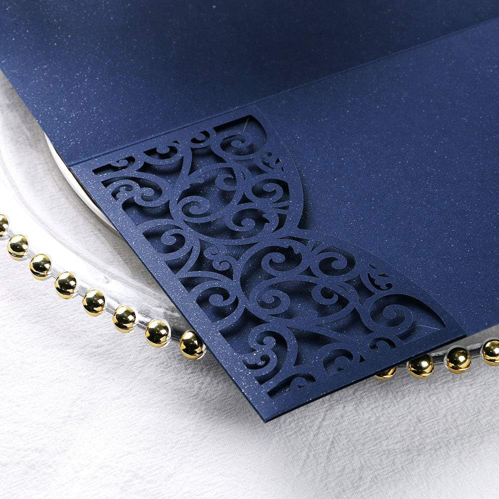 PONATIA 20 Pcs Navy Blue Tri-Fold  Laser Cut Wedding Invitation Pockets with Envelopes for Wedding