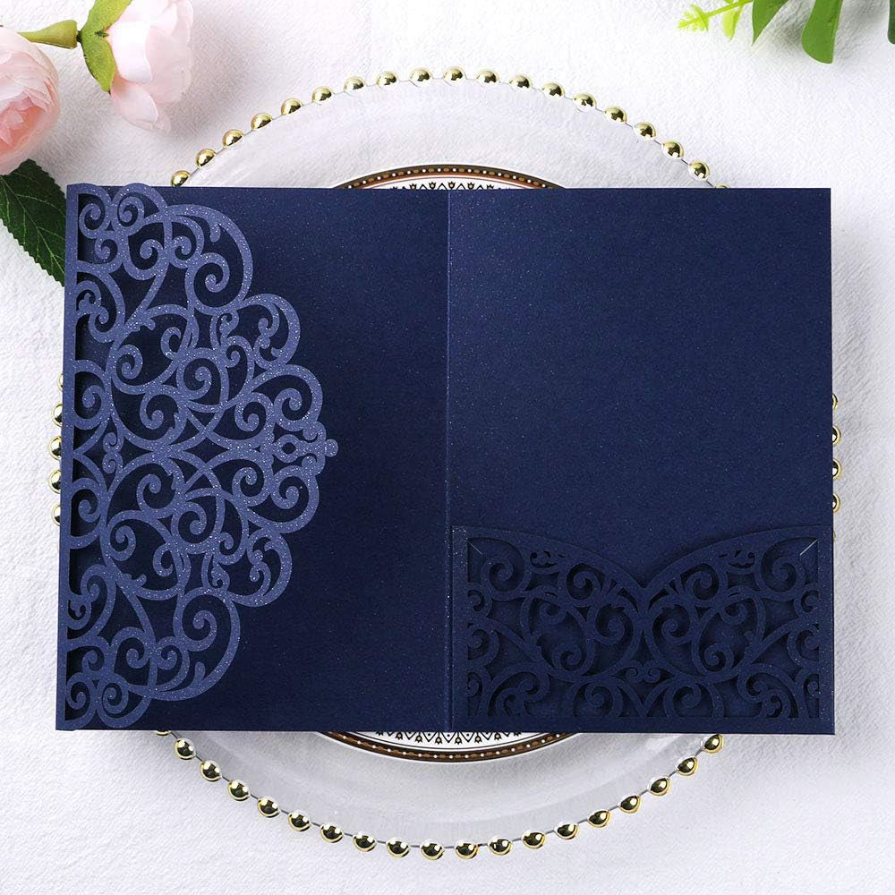 PONATIA 20 Pcs Navy Blue Tri-Fold  Laser Cut Wedding Invitation Pockets with Envelopes for Wedding