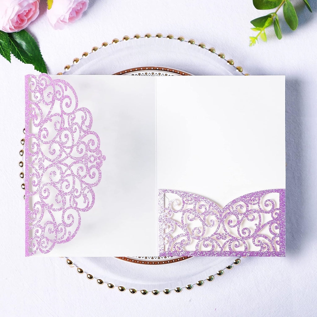 PONATIA 20 Pcs Purple Glitter Tri-Fold  Laser Cut Wedding Invitation Pockets with Envelopes for Wedding