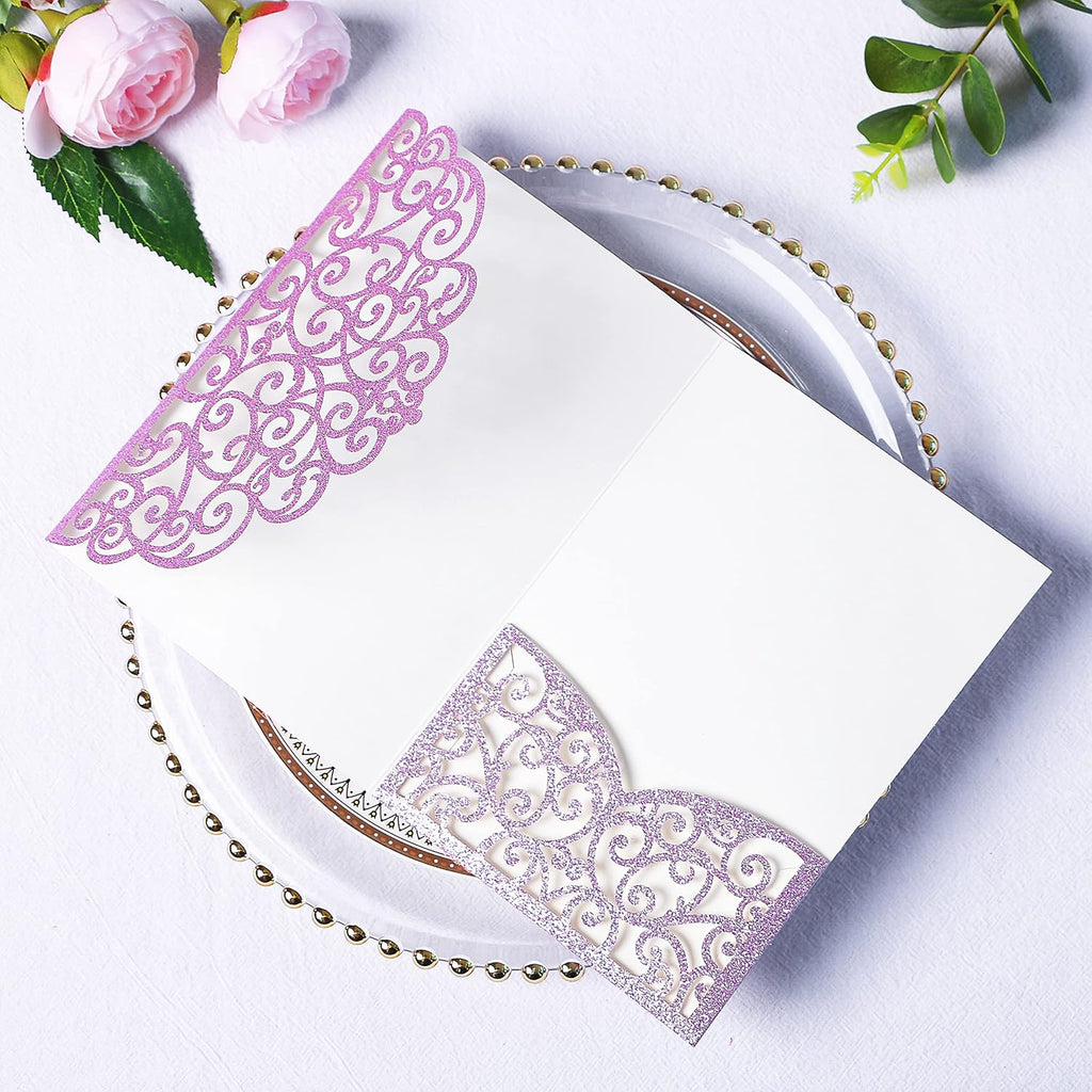 PONATIA 20 Pcs Purple Glitter Tri-Fold  Laser Cut Wedding Invitation Pockets with Envelopes for Wedding