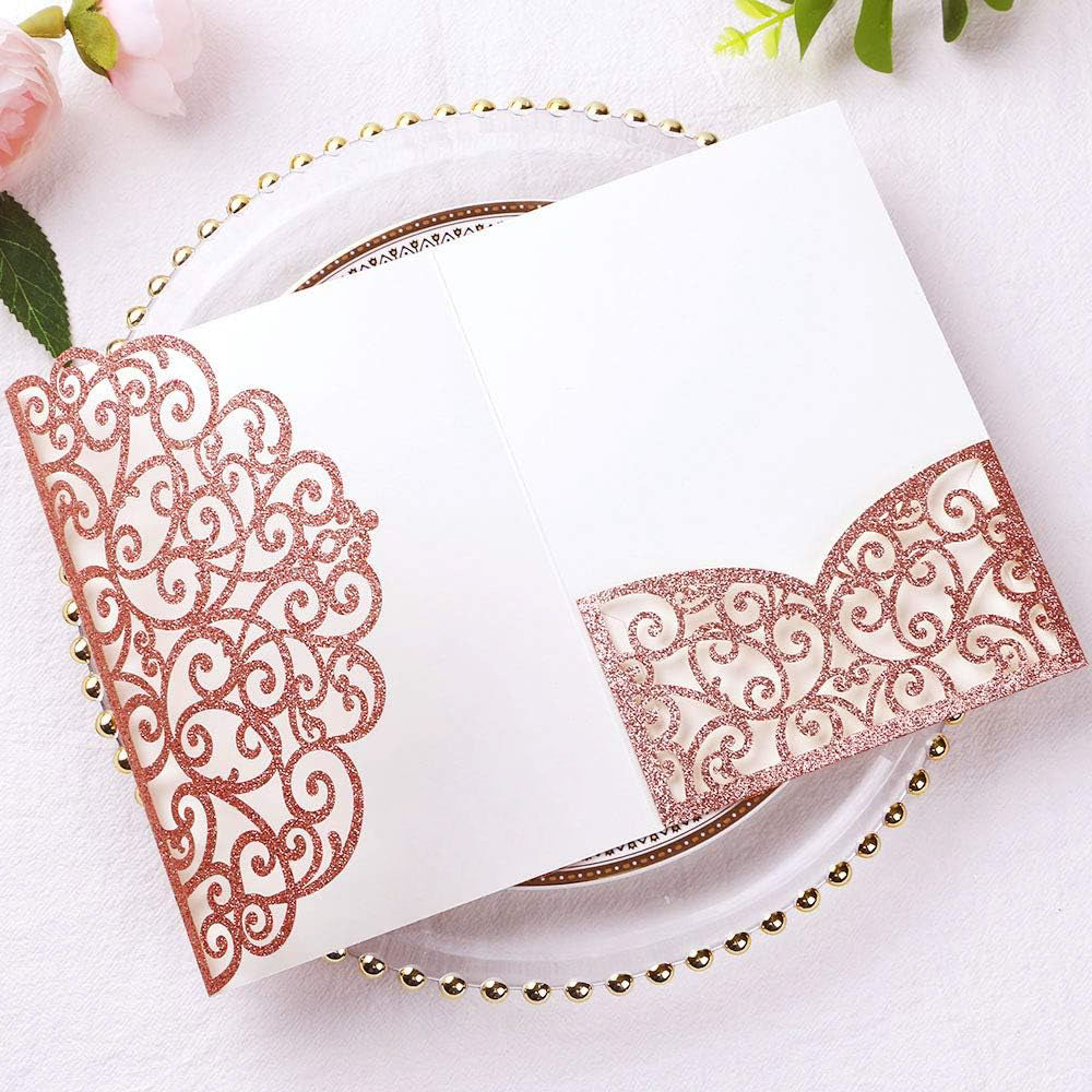 PONATIA 20 Pcs Rose Gold Glitter Tri-Fold  Laser Cut Wedding Invitation Pockets with Envelopes for Wedding