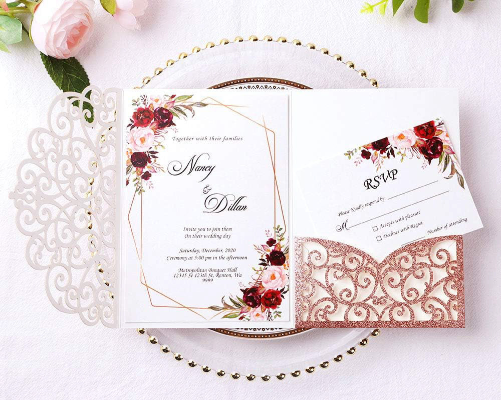 PONATIA 20 Pcs Rose Gold Glitter Tri-Fold  Laser Cut Wedding Invitation Pockets with Envelopes for Wedding
