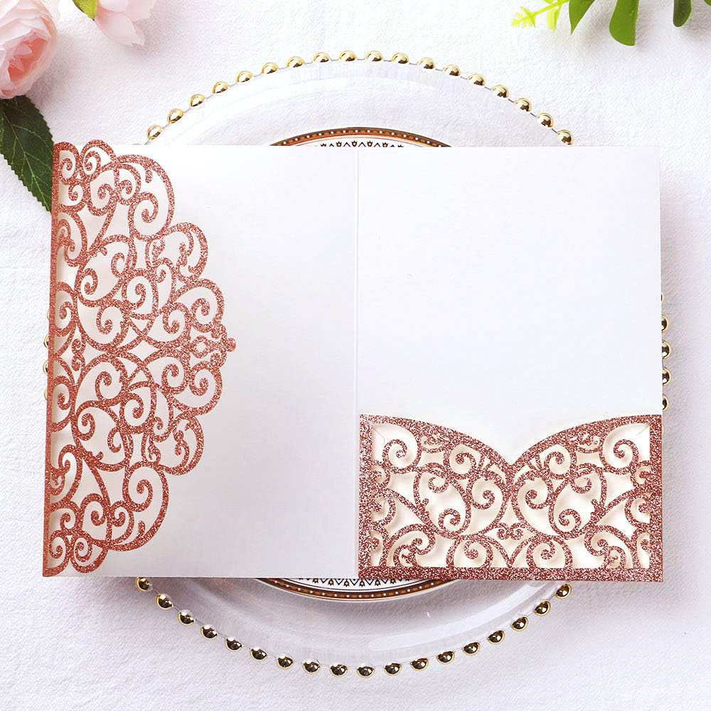 PONATIA 20 Pcs Rose Gold Glitter Tri-Fold  Laser Cut Wedding Invitation Pockets with Envelopes for Wedding