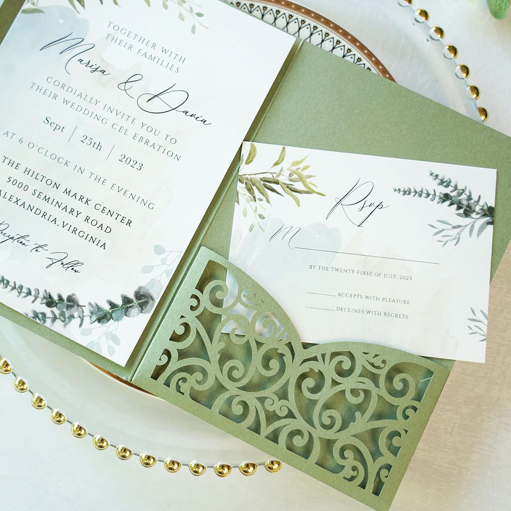 PONATIA 20 Pcs Sage Green Tri-Fold  Laser Cut Wedding Invitation Pockets with Envelopes for Wedding
