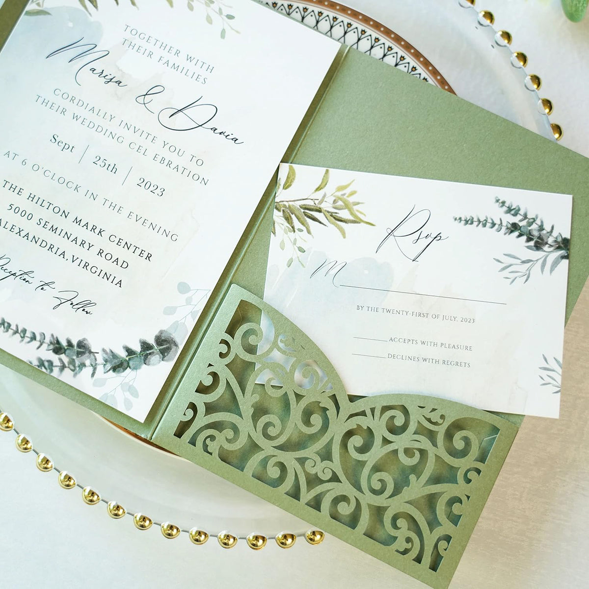 PONATIA 20 Pcs Sage Green Tri-Fold  Laser Cut Wedding Invitation Pockets with Envelopes for Wedding