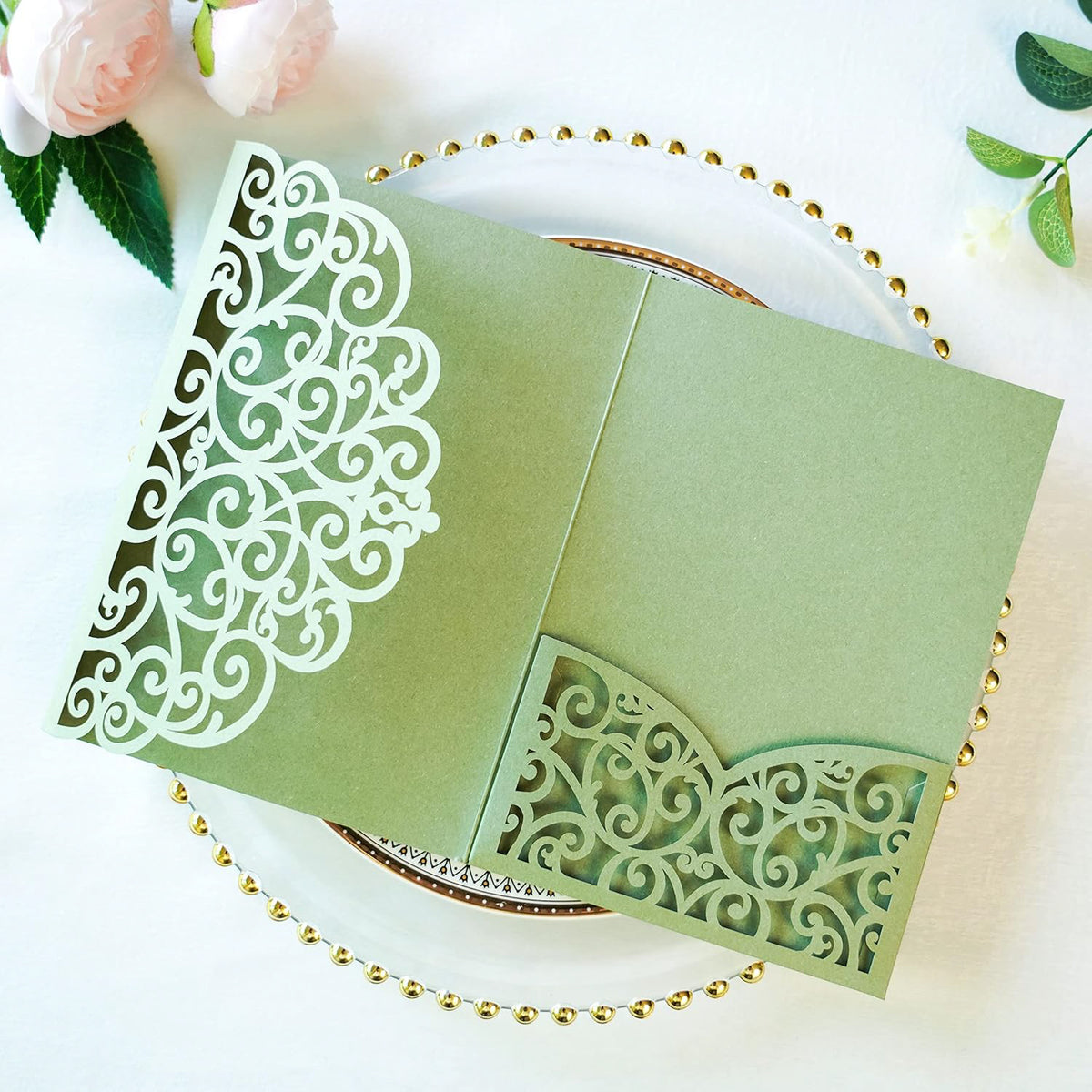 PONATIA 20 Pcs Sage Green Tri-Fold  Laser Cut Wedding Invitation Pockets with Envelopes for Wedding