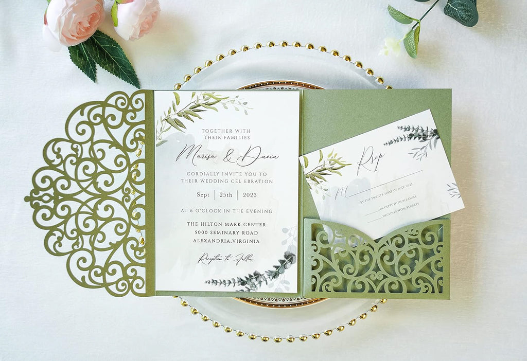 PONATIA 20 Pcs Sage Green Tri-Fold  Laser Cut Wedding Invitation Pockets with Envelopes for Wedding
