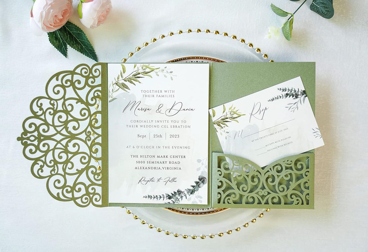 PONATIA 20 Pcs Sage Green Tri-Fold  Laser Cut Wedding Invitation Pockets with Envelopes for Wedding