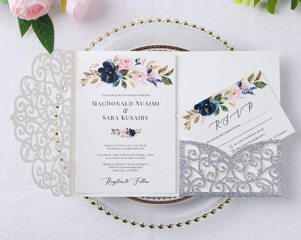 PONATIA 20 Pcs Silver Glitter Tri-Fold  Laser Cut Wedding Invitation Pockets with Envelopes for Wedding