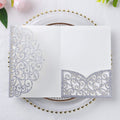 PONATIA 20 Pcs Silver Glitter Tri-Fold  Laser Cut Wedding Invitation Pockets with Envelopes for Wedding