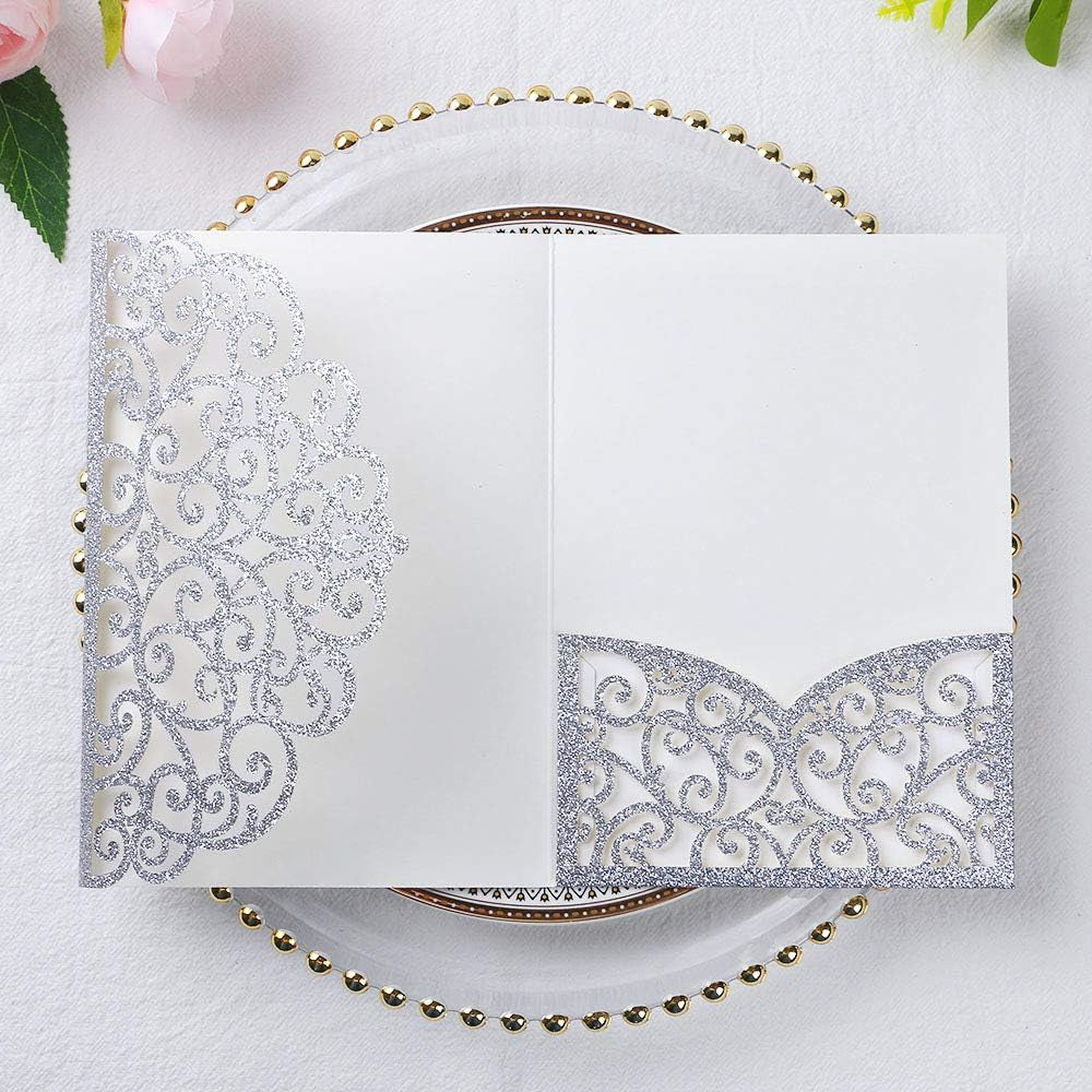 PONATIA 20 Pcs Silver Glitter Tri-Fold  Laser Cut Wedding Invitation Pockets with Envelopes for Wedding