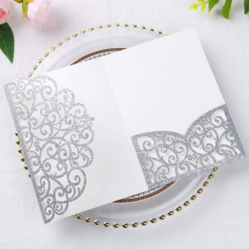 PONATIA 20 Pcs Silver Glitter Tri-Fold  Laser Cut Wedding Invitation Pockets with Envelopes for Wedding