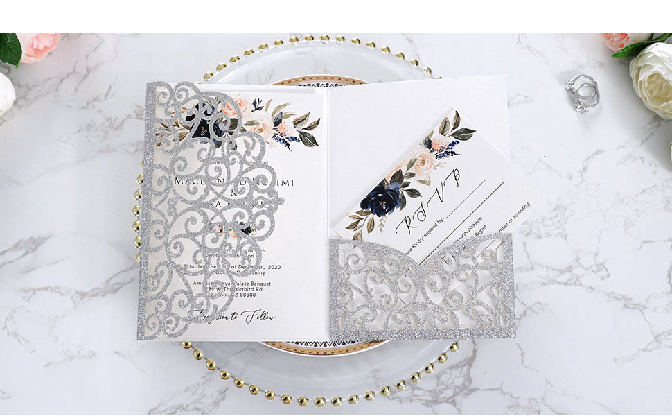 PONATIA 20 Pcs Silver Glitter Tri-Fold  Laser Cut Wedding Invitation Pockets with Envelopes for Wedding