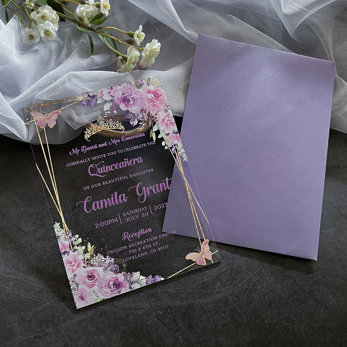 PONATIA 1mm/0.04" Lilac Acrylic Quinceanera Invitation Cards with Envelopes