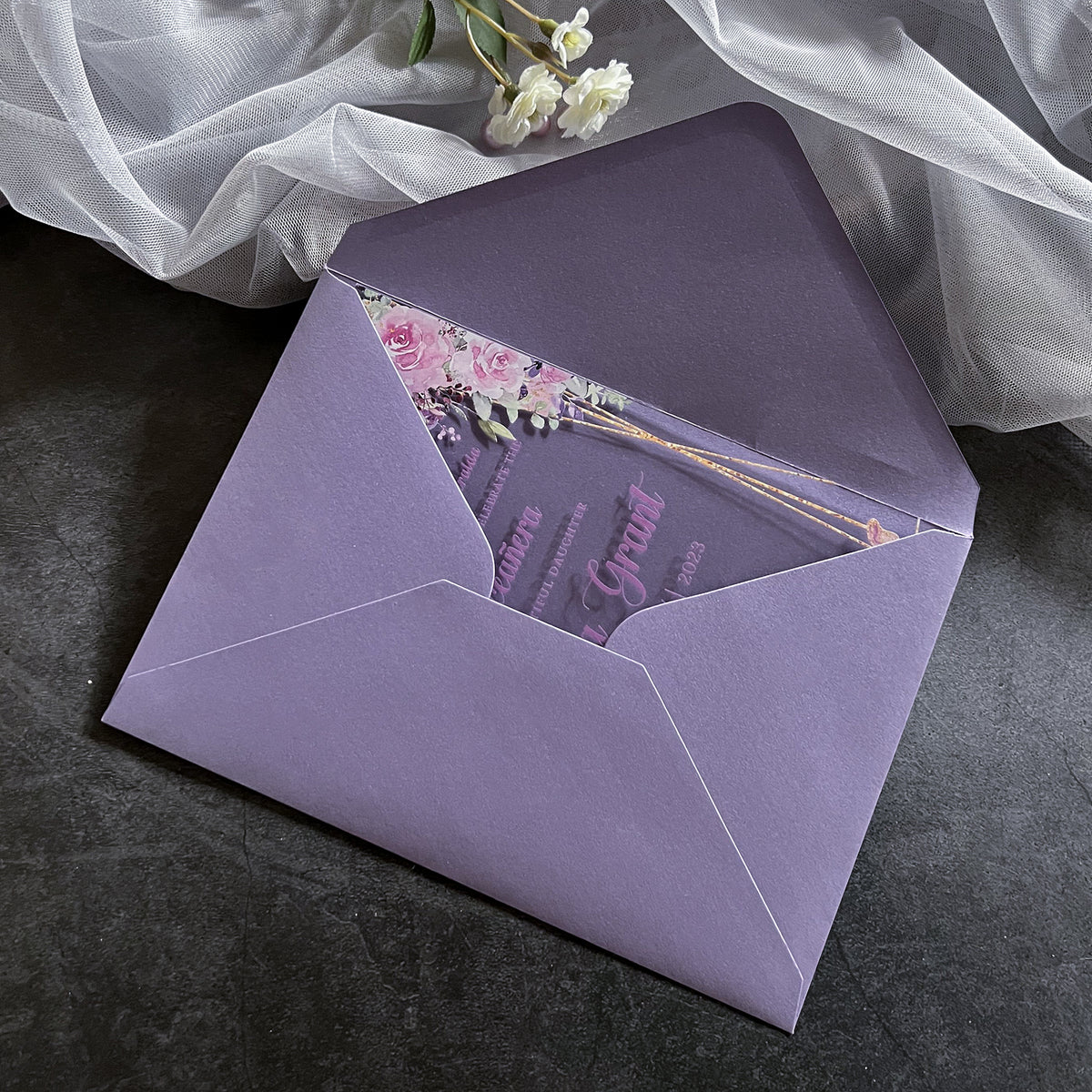 PONATIA 1mm/0.04" Lilac Acrylic Quinceanera Invitation Cards with Envelopes