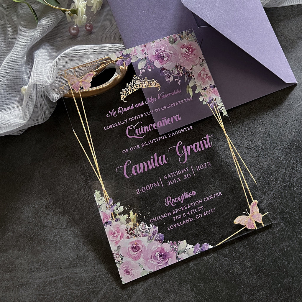 PONATIA 1mm/0.04" Lilac Acrylic Quinceanera Invitation Cards with Envelopes