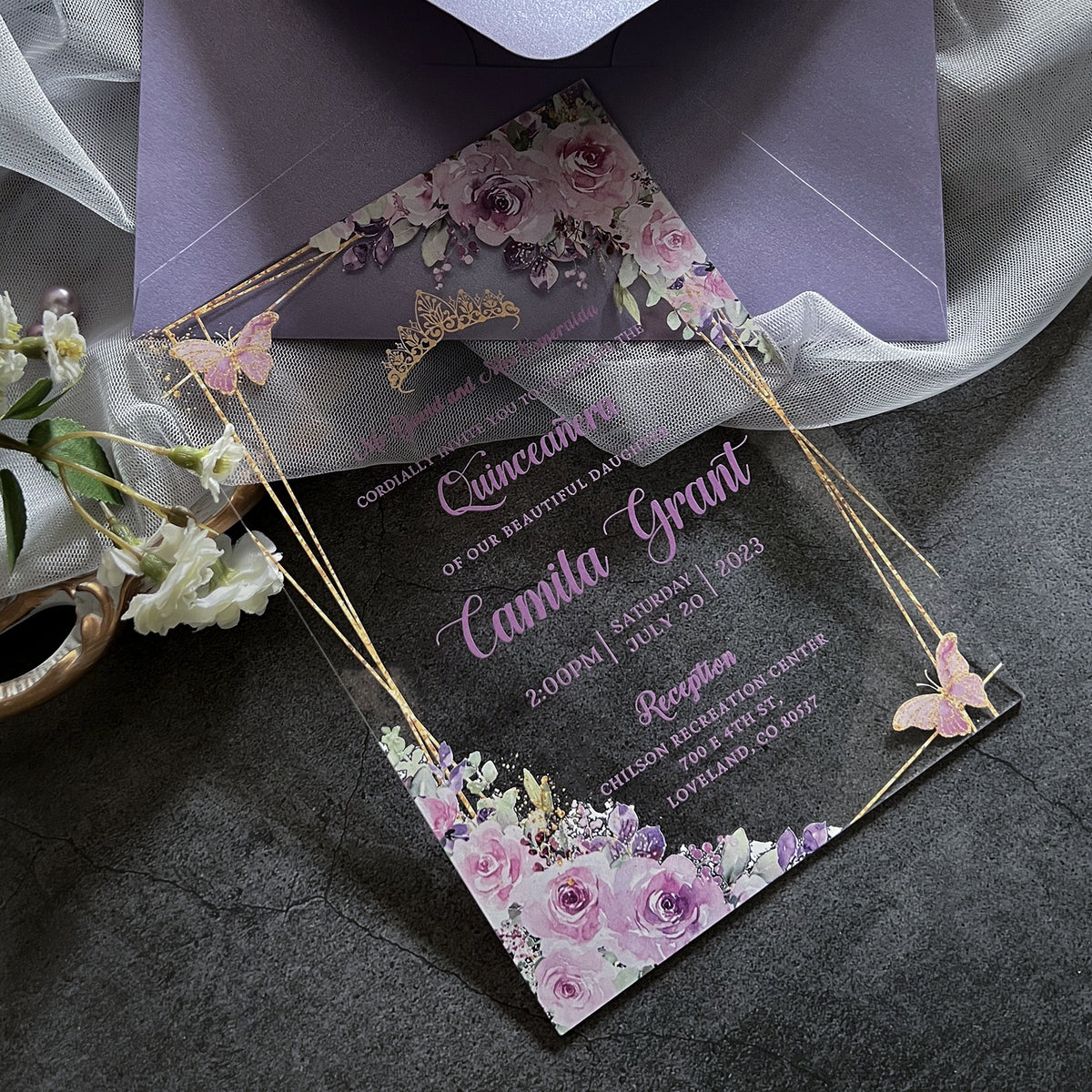 PONATIA 1mm/0.04" Lilac Acrylic Quinceanera Invitation Cards with Envelopes