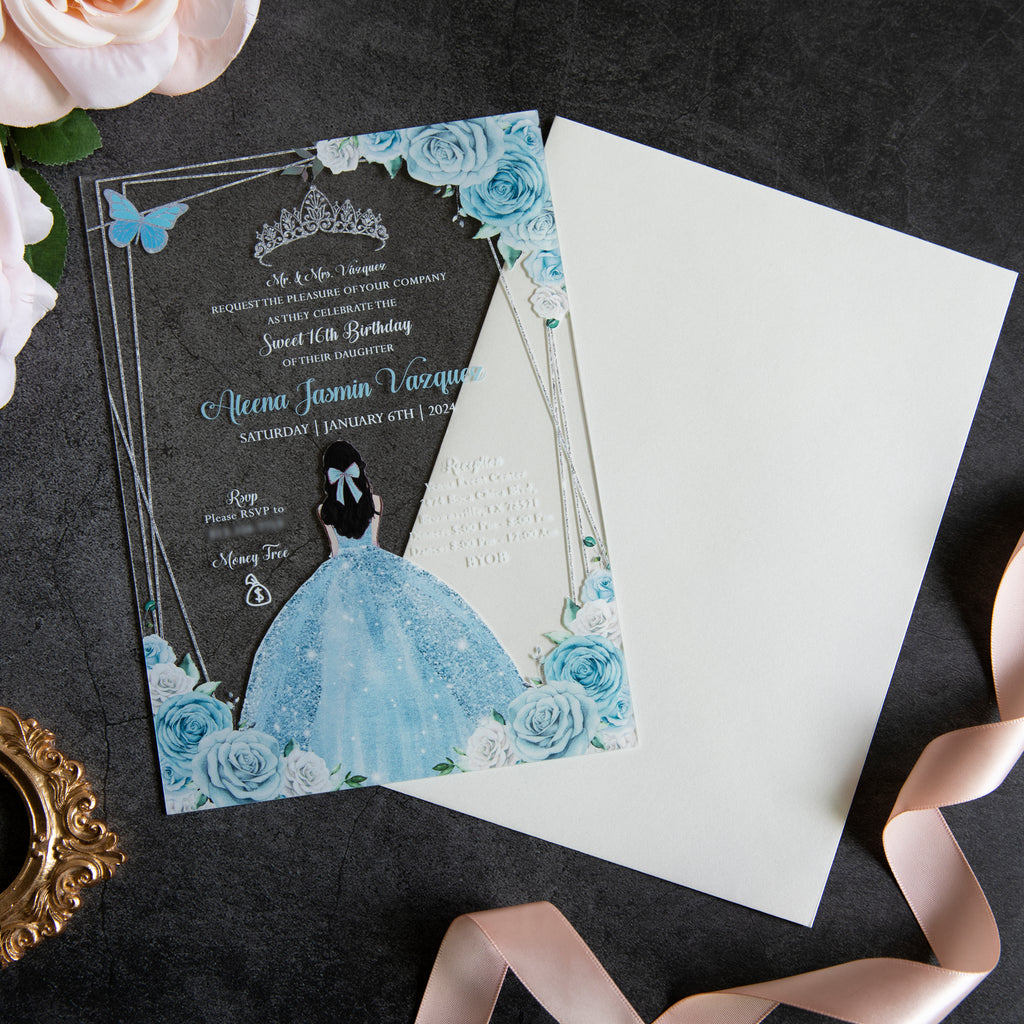 PONATIA 1mm/0.04" Light Blue Acrylic Quinceanera Invitation Cards with Envelopes
