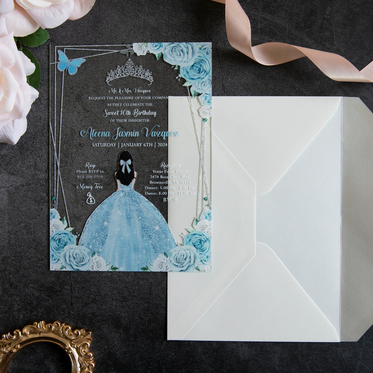 PONATIA 1mm/0.04" Light Blue Acrylic Quinceanera Invitation Cards with Envelopes