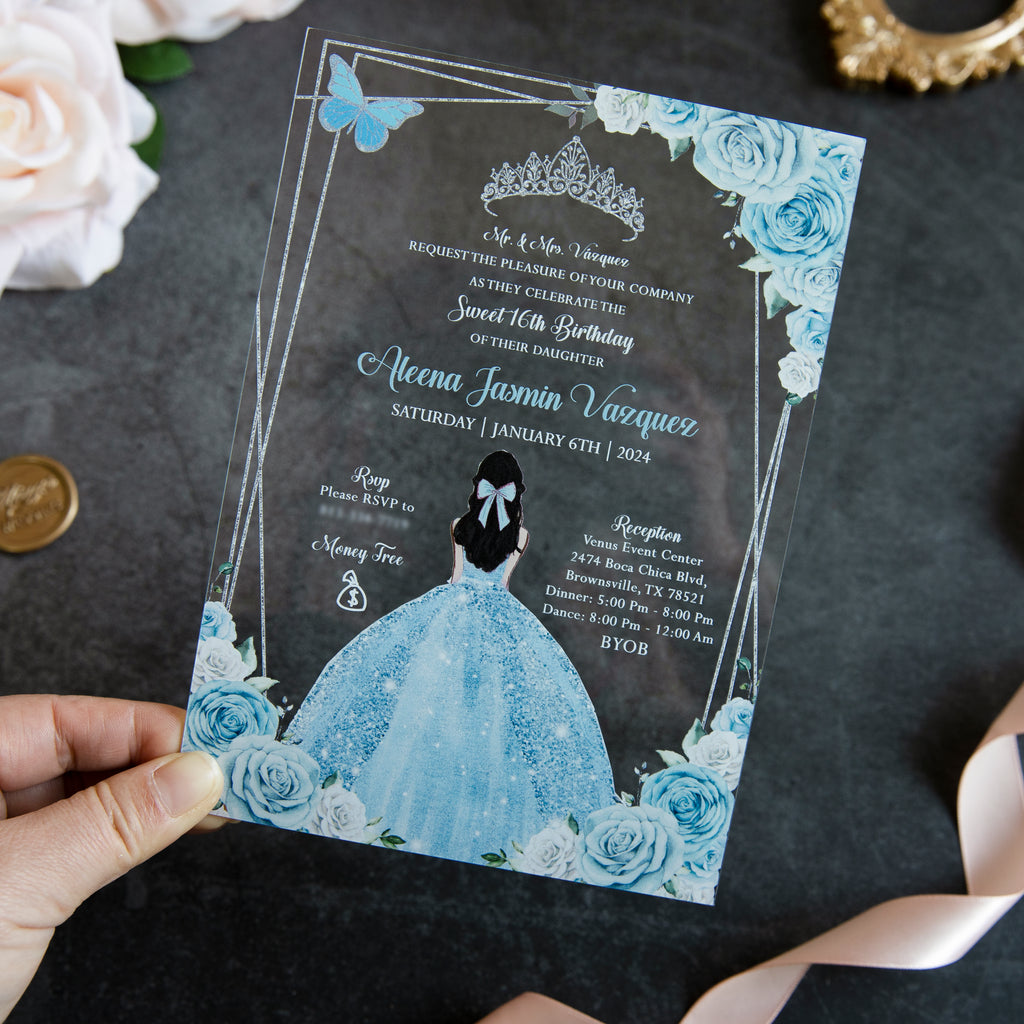 PONATIA 1mm/0.04" Light Blue Acrylic Quinceanera Invitation Cards with Envelopes