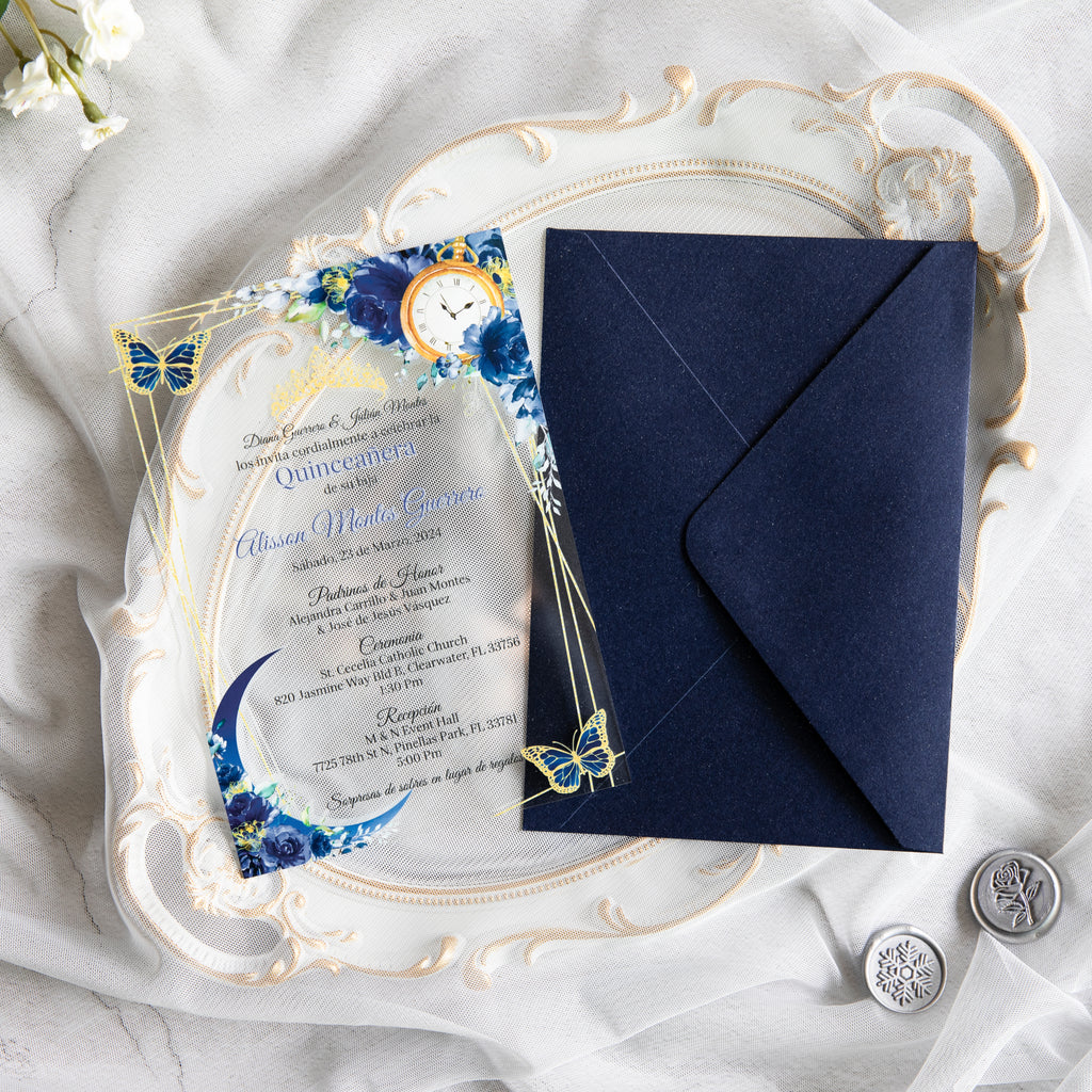 PONATIA 1mm/0.04" Dark Navy Blue Acrylic Quinceanera Invitation Cards with Envelopes