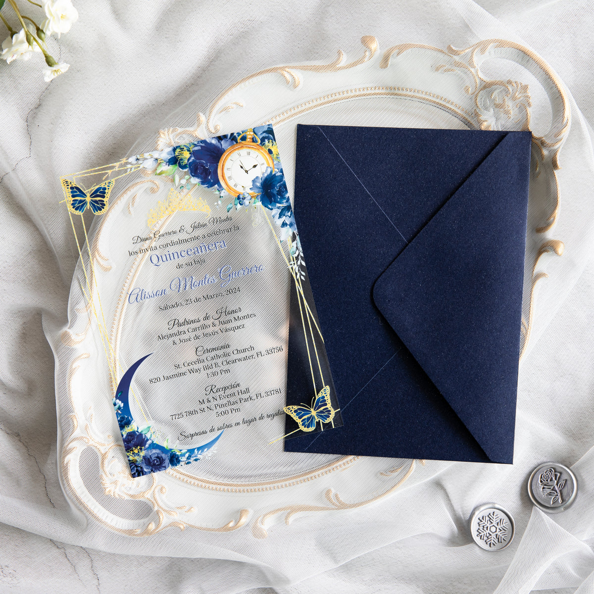 PONATIA 1mm/0.04" Dark Navy Blue Acrylic Quinceanera Invitation Cards with Envelopes