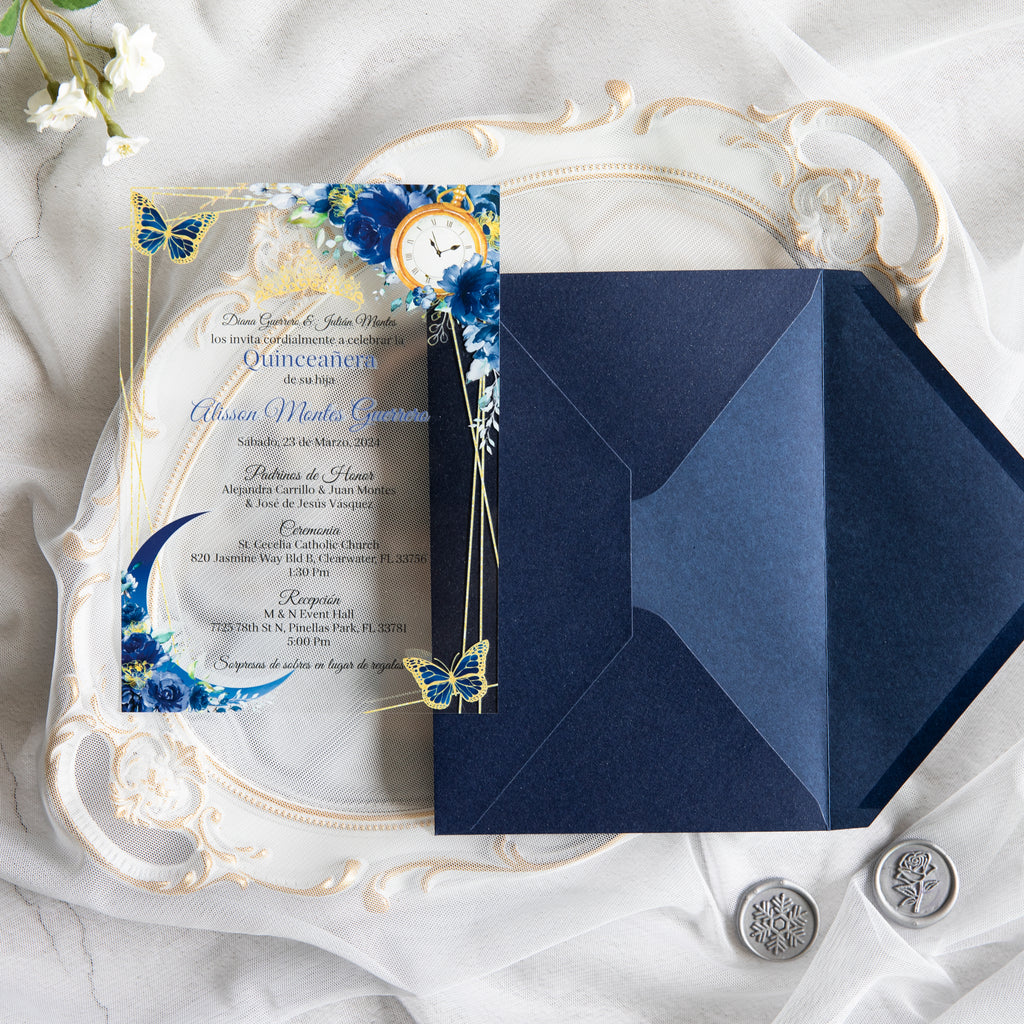 PONATIA 1mm/0.04" Dark Navy Blue Acrylic Quinceanera Invitation Cards with Envelopes