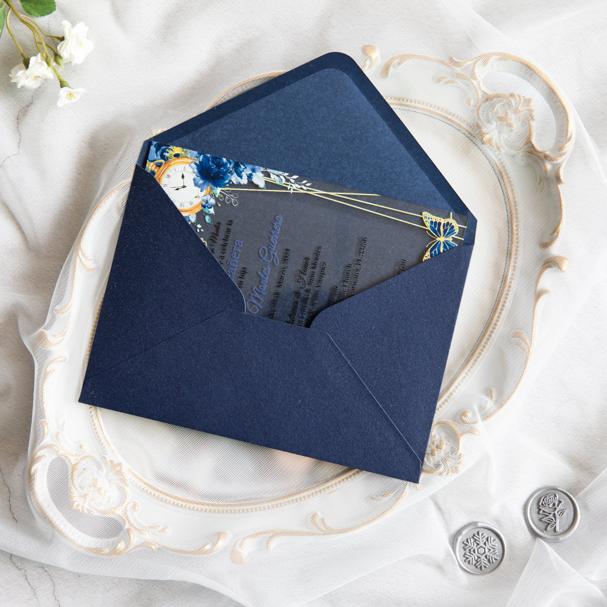 PONATIA 1mm/0.04" Dark Navy Blue Acrylic Quinceanera Invitation Cards with Envelopes