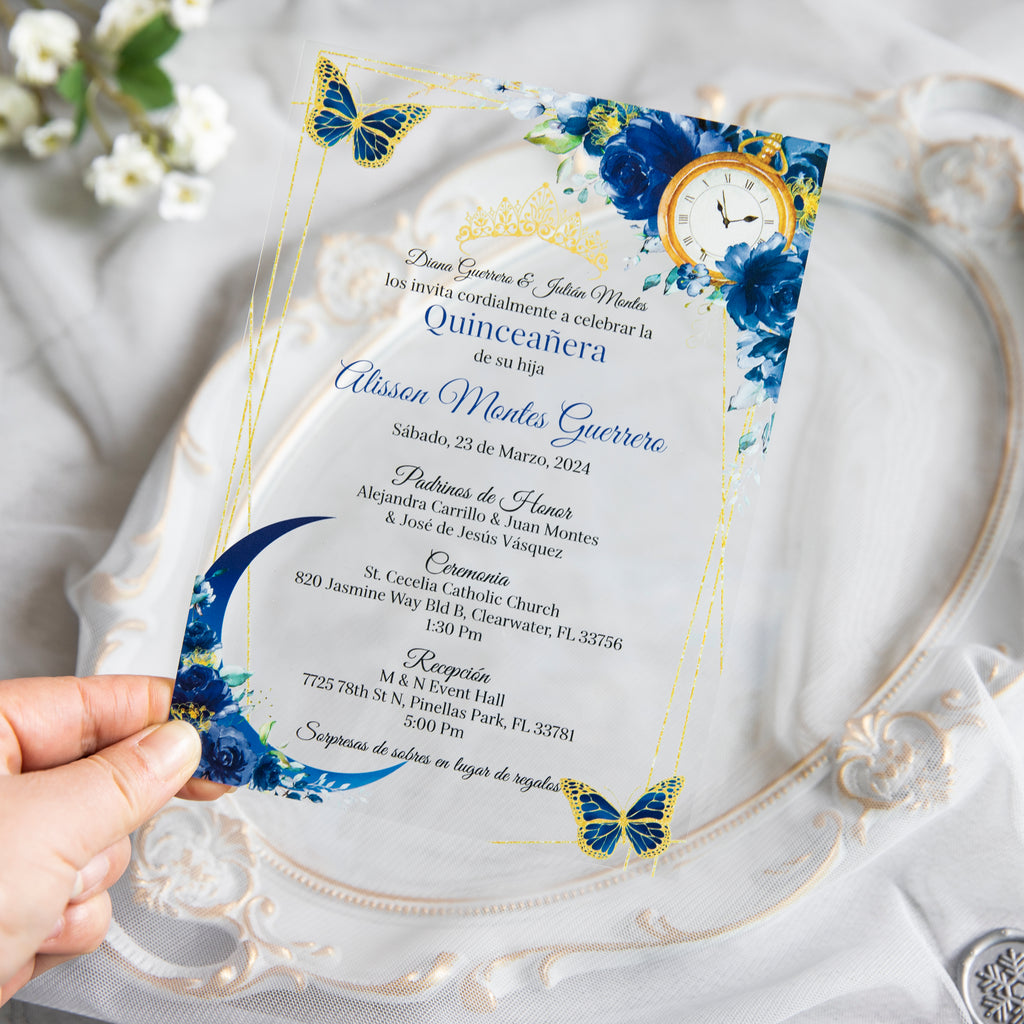 PONATIA 1mm/0.04" Dark Navy Blue Acrylic Quinceanera Invitation Cards with Envelopes