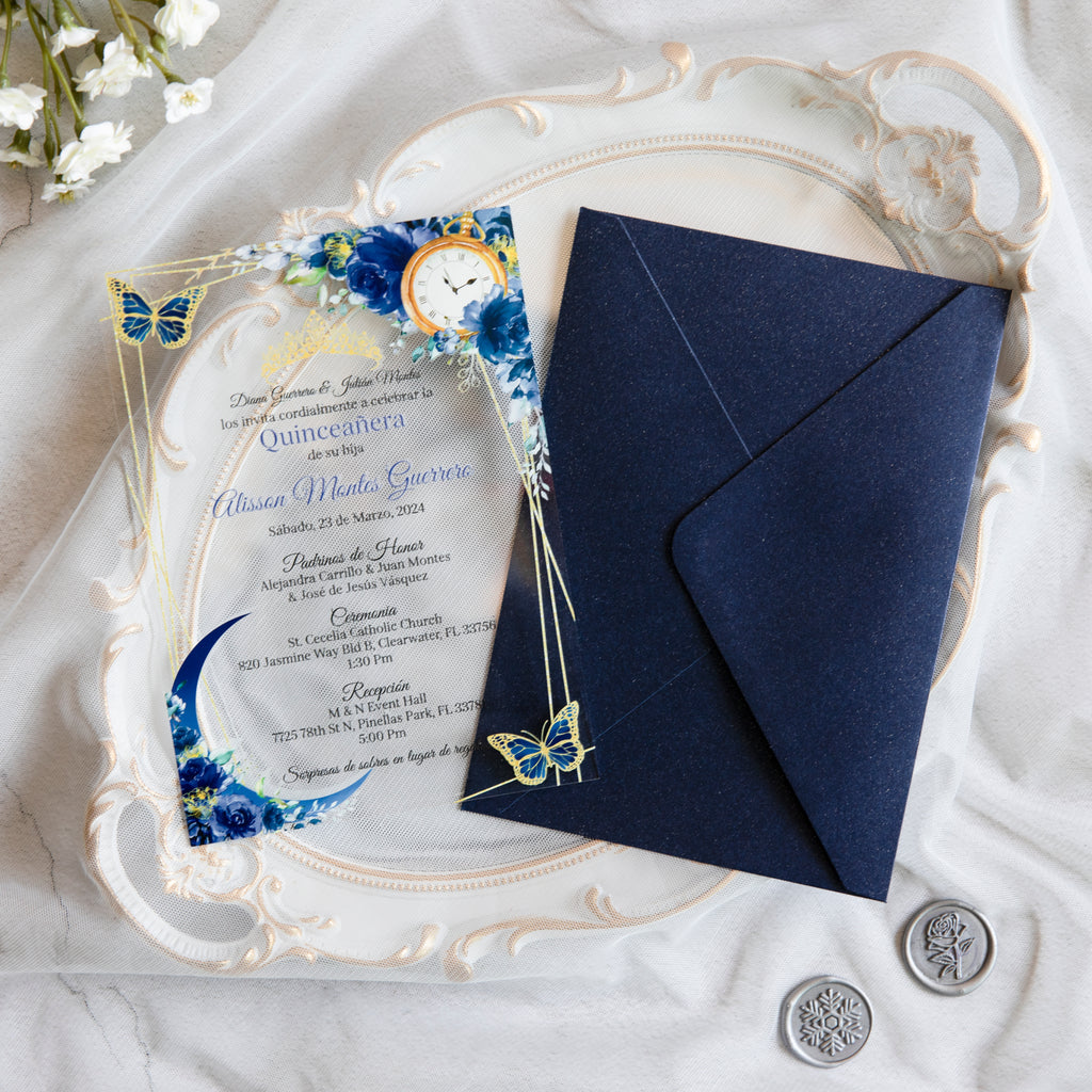 PONATIA 1mm/0.04" Dark Navy Blue Acrylic Quinceanera Invitation Cards with Envelopes