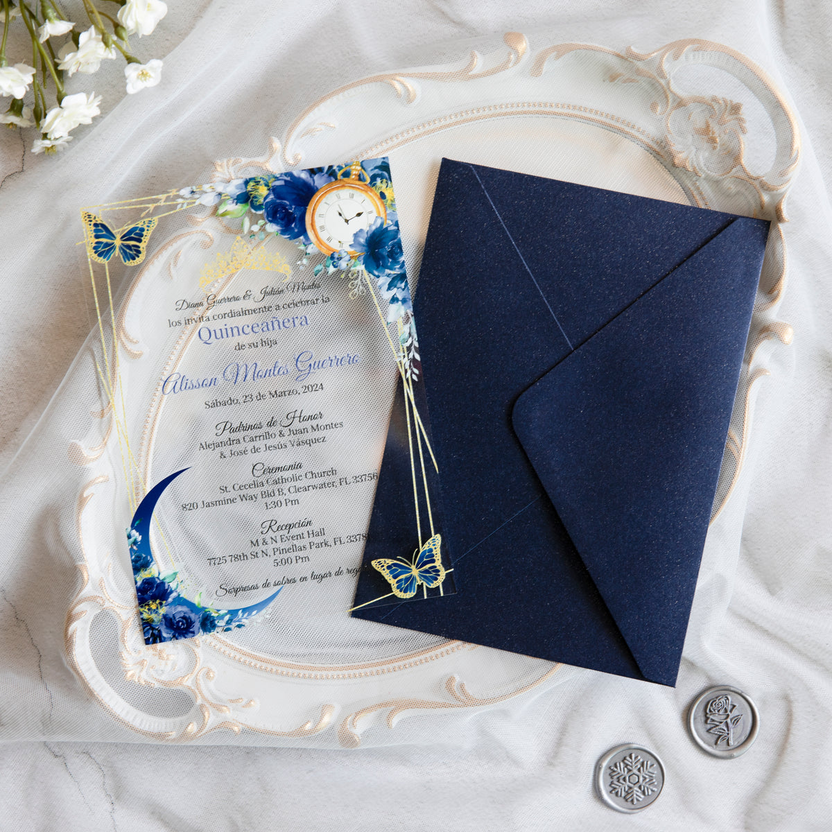 PONATIA 1mm/0.04" Dark Navy Blue Acrylic Quinceanera Invitation Cards with Envelopes