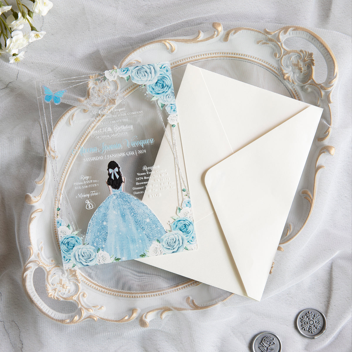 PONATIA 1mm/0.04" Light Blue Acrylic Quinceanera Invitation Cards with Envelopes