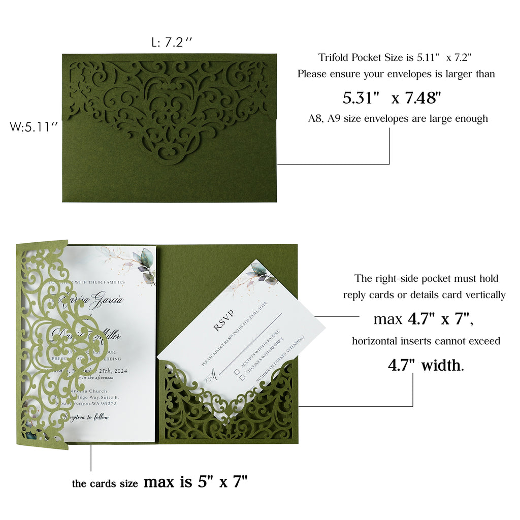 PONATIA  20PCS Olive Green Laser Cut Wedding Invitations Pockets