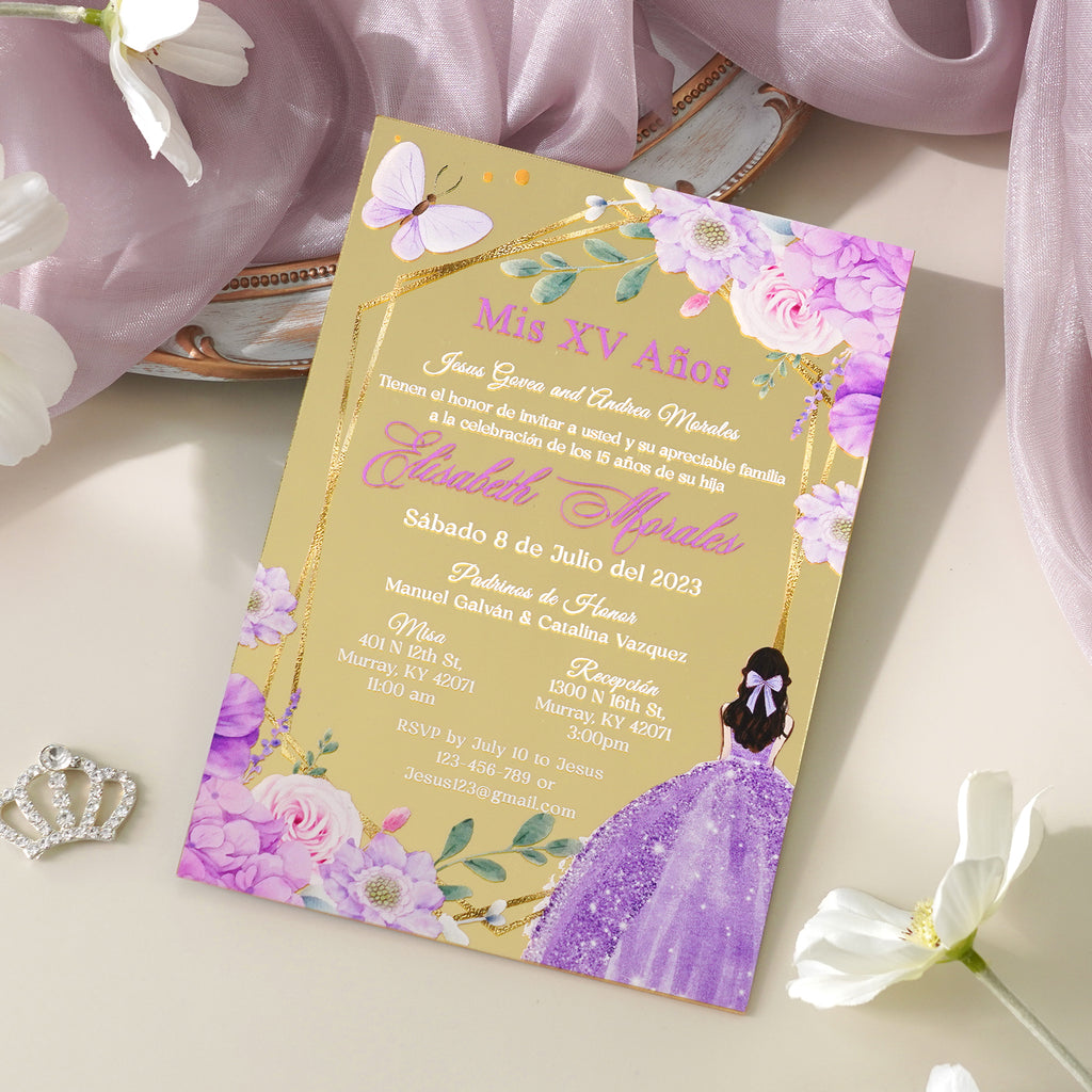 PONATIA XV Años Invitations, Gold Mirror Quinceañera Invitation Cards with Envelope-Lilac-2mm/0.7"