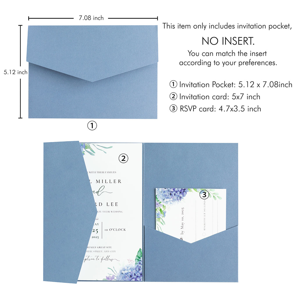 PONATIA 20 PCS Dusty Blue Tri-fold Wedding Invitation Pockets for 5x7 Wedding Cards