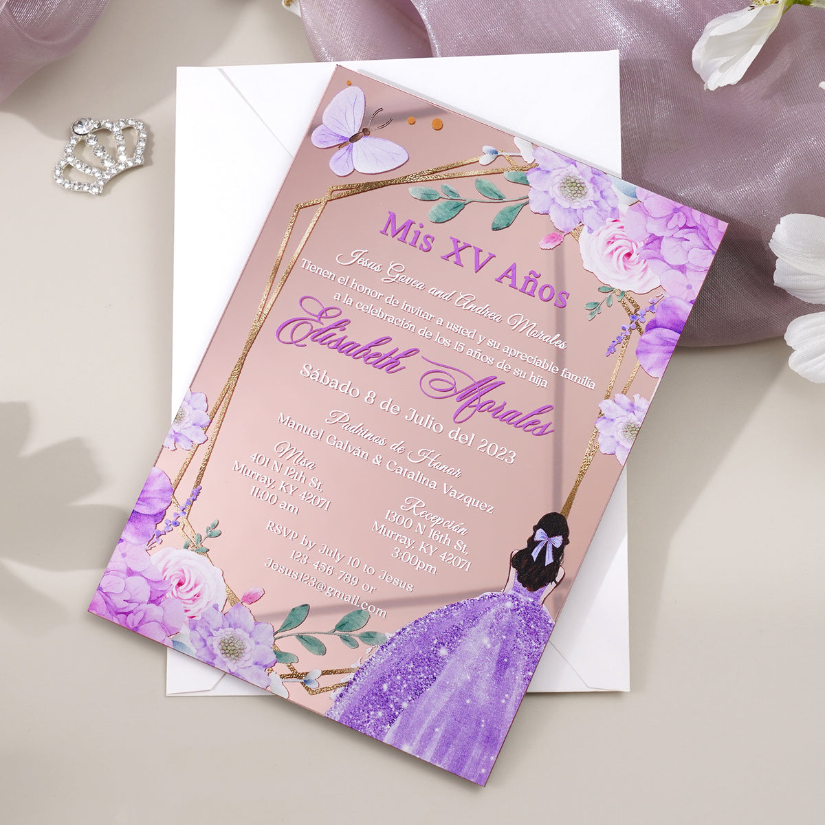 PONATIA XV Años Invitations, Rose Gold Mirror Quinceañera Invitation Cards with Envelope-2mm/0.7"