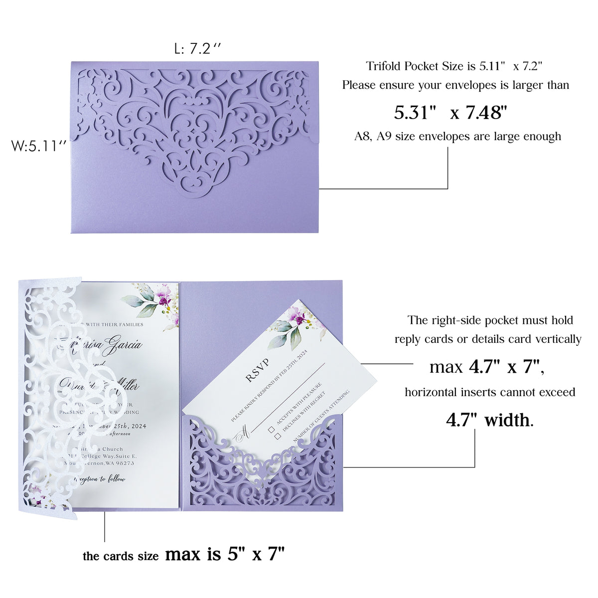 PONATIA  20PCS Lilac Laser Cut Wedding Invitations Pockets