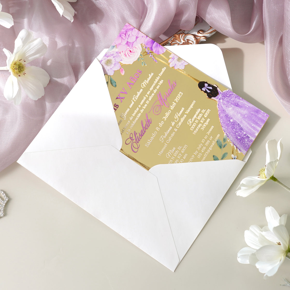 PONATIA XV Años Invitations, Gold Mirror Quinceañera Invitation Cards with Envelope-Lilac-2mm/0.7"