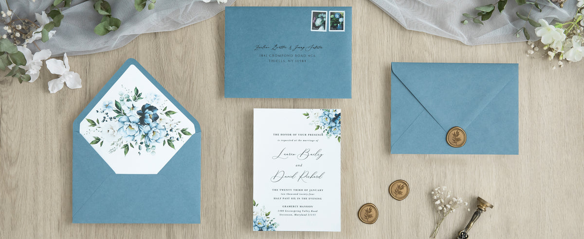 PONATIA 50 Pieces Dusty Blue Floral Liner Euro Flap Envelopes for  Wedding Invitation Card