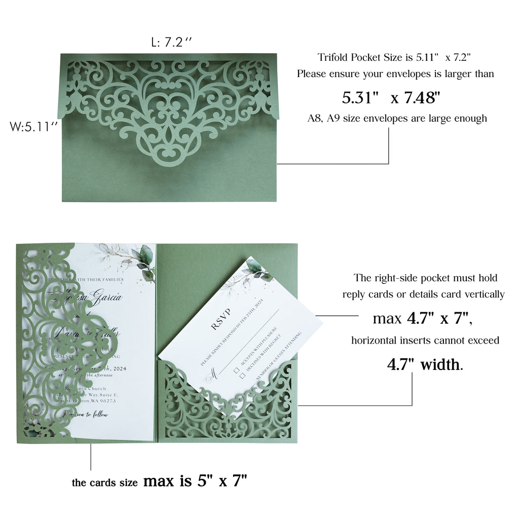 PONATIA  20PCS Sage Green Laser Cut Wedding Invitations Pockets