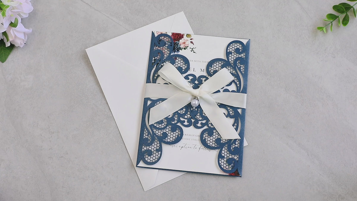 PONATIA 20 PCS Navy Blue Laser Cut Invitation Cards with Ribbons and Rhinestone Pearls