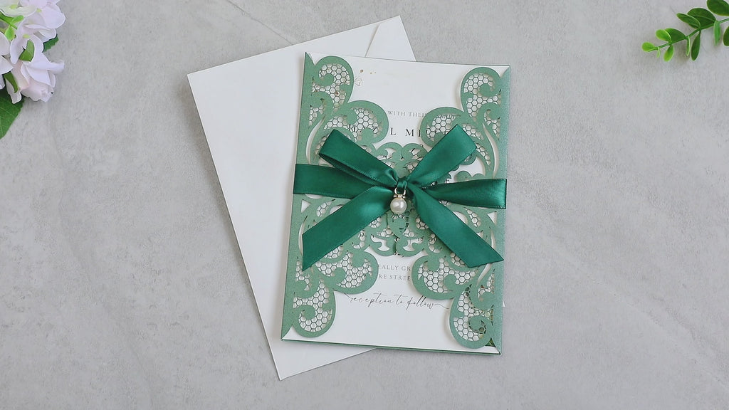 PONATIA 20 PCS Emerald Green Laser Cut Invitation Cards with Ribbons and Rhinestone Pearls