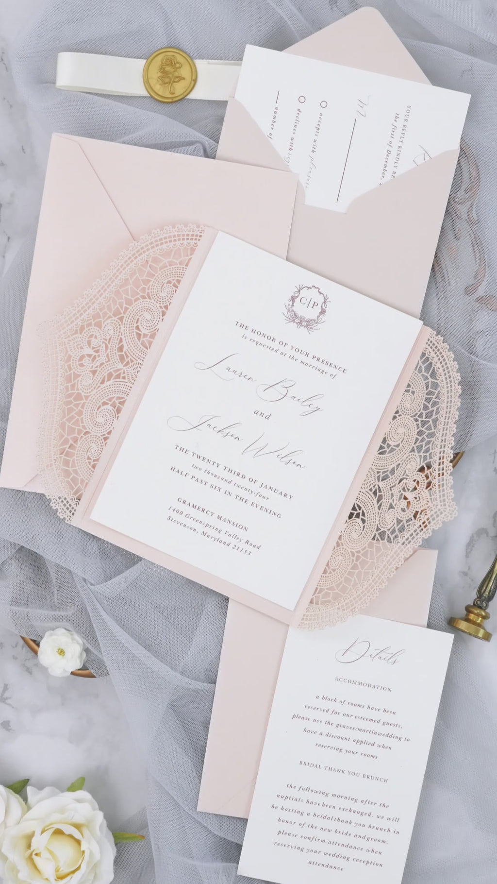 PONATIA Blush Pink Laser Cut Invitation Cards with Ivory Belly Band and Wax Seal