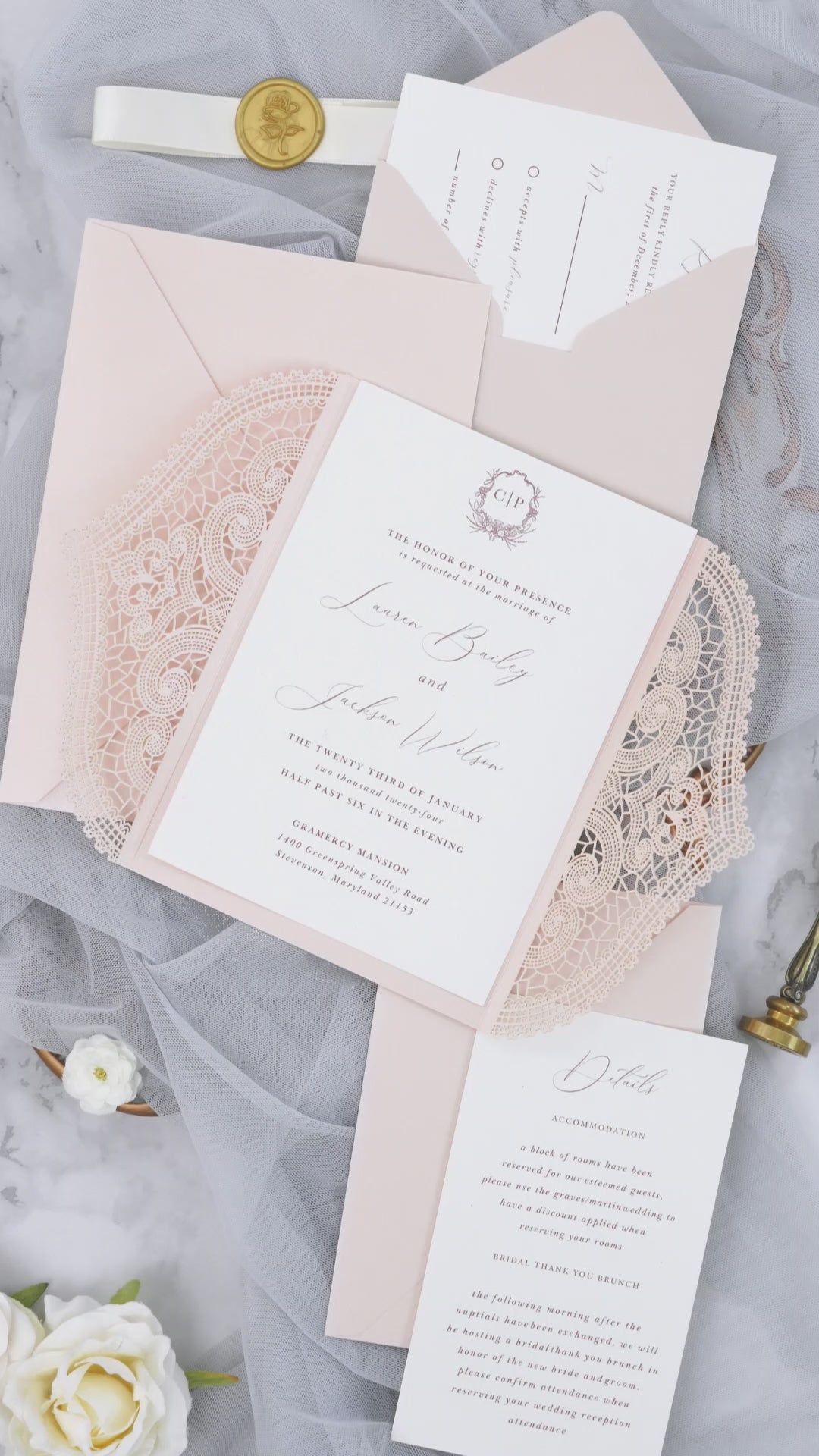 PONATIA Blush Pink Laser Cut Invitation Cards with Ivory Belly Band and Wax Seal