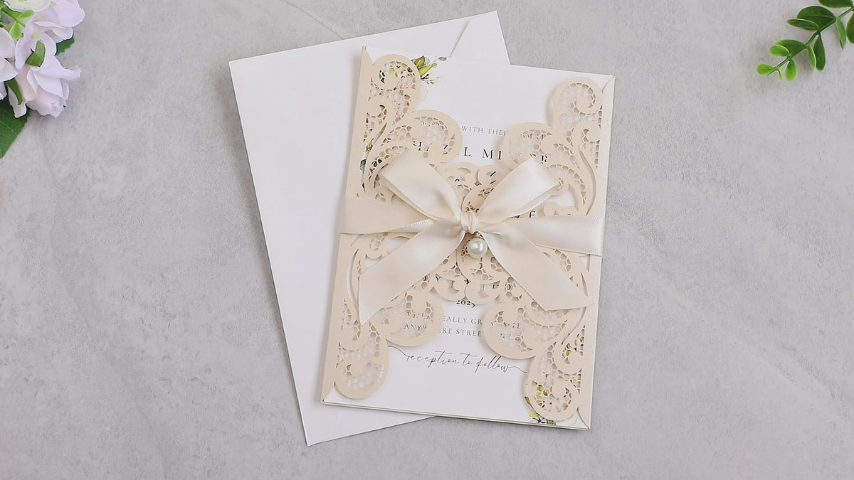 PONATIA 20 PCS Champagne Laser Cut Invitation Cards with Ribbons and Rhinestone Pearls
